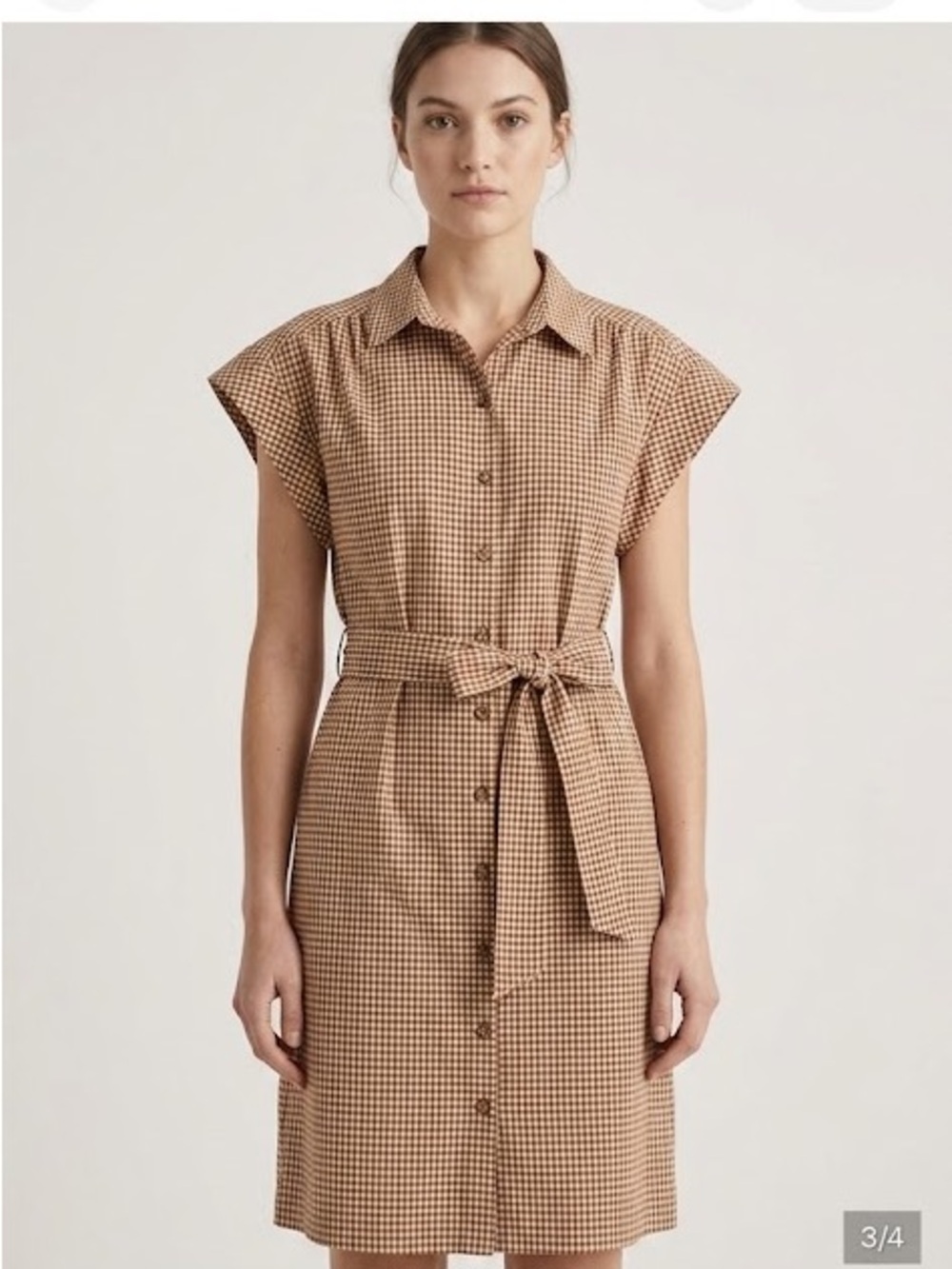 CALVIN KLEIN $139 Brown Gingham Bow Belted knee length Shirt Dress Size 8